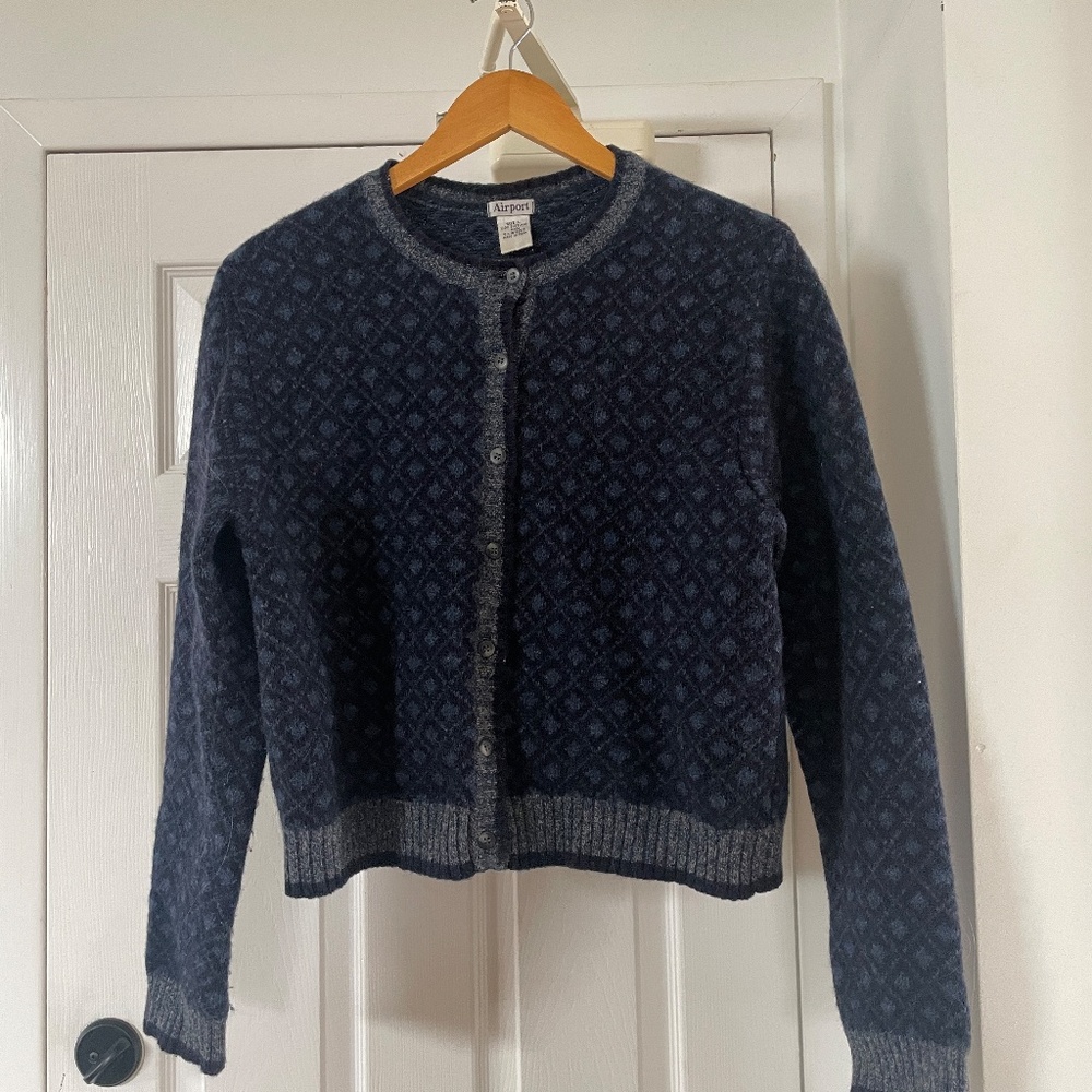 Vintage Shetland Wool Cardigan Navy Blue Diamond Pattern Size Large READ